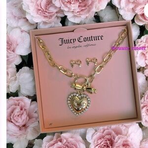 Juicy couture rhinestone heart Toggle Necklace with bow accent, bow earrings set